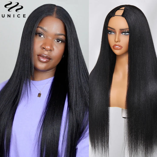 Hair Yaki Straight V Part Wig 100% Human Hair V Shaped Wig Upgrade U Part Wig No Sew In Clip In Half Wig Read To Wear Go