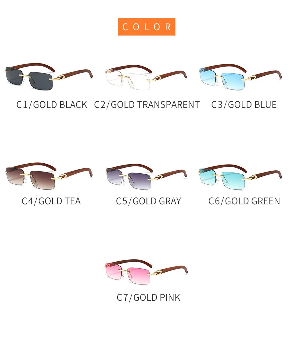 Fashion Rimless Sunglasses Frameless Eye Glasses Wood Grain Rectangle Gradient Shades Sunglasses