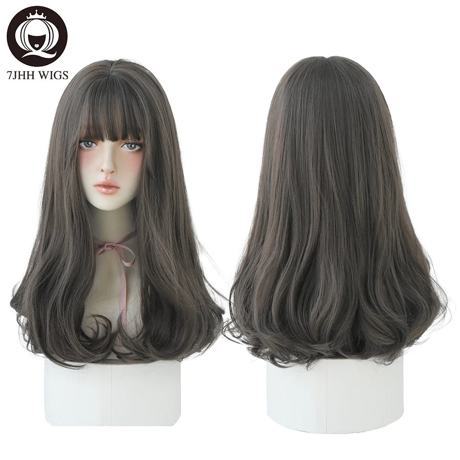 Long Wavy Synthetic Black Wigs For Women With Fringe Fashion Heat Resistant Mid-Length Daily Straight Light Brown Hair