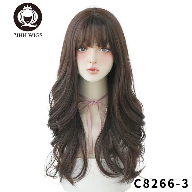 Long Wavy Synthetic Black Wigs For Women With Fringe Fashion Heat Resistant Mid-Length Daily Straight Light Brown Hair