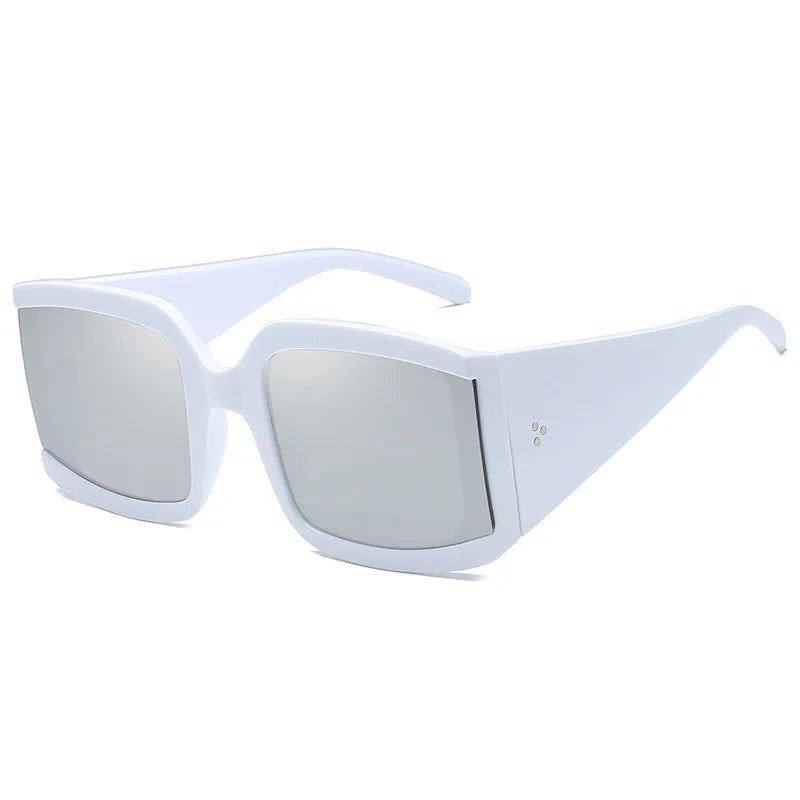 Oversize Square Brand Sunglasses White Silver Mirror Rivet Sun Glasses Luxury