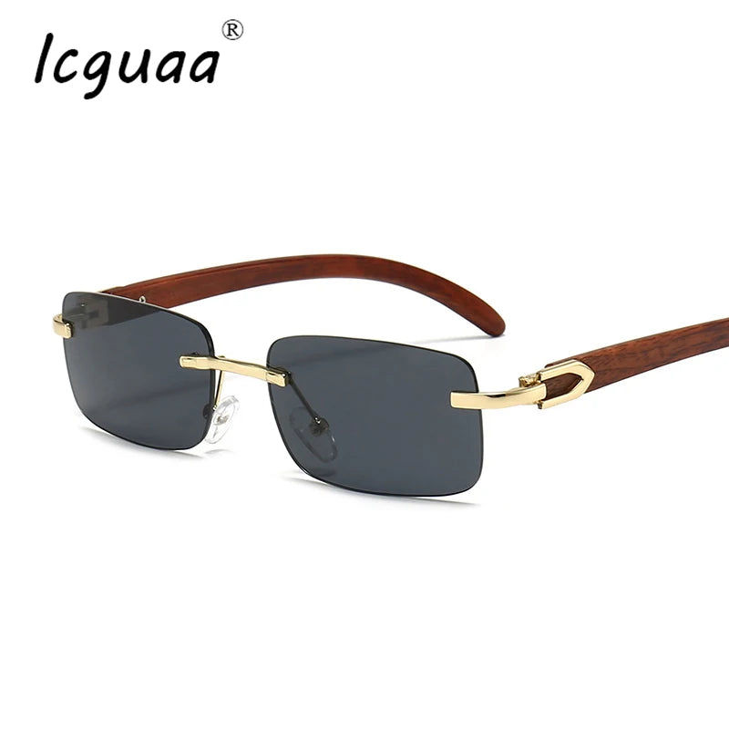 Fashion Rimless Sunglasses Frameless Eye Glasses Wood Grain Rectangle Gradient Shades Sunglasses