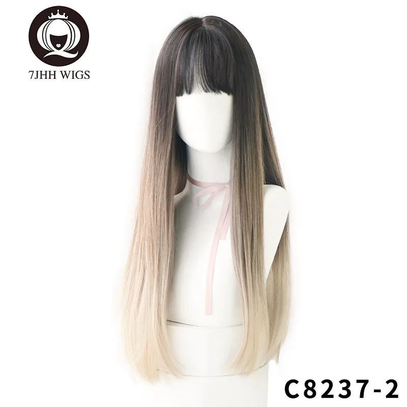 Long Wavy Synthetic Black Wigs For Women With Fringe Fashion Heat Resistant Mid-Length Daily Straight Light Brown Hair