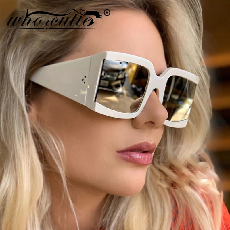 Oversize Square Brand Sunglasses White Silver Mirror Rivet Sun Glasses Luxury