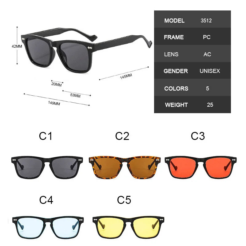 Classic Square Sunglasses Men Women Brand Design Rivet Frame Yellow Night Vision Anti-glare