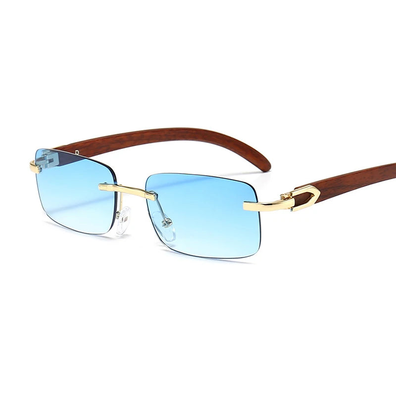 Fashion Rimless Sunglasses Frameless Eye Glasses Wood Grain Rectangle Gradient Shades Sunglasses