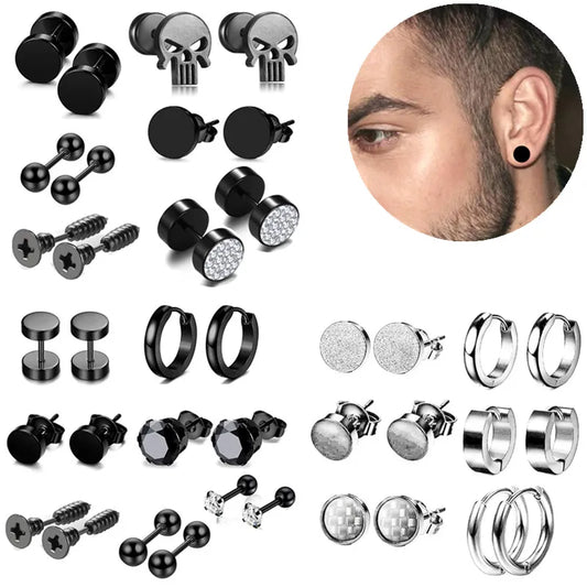 Stainless Steel Black Stud Earring Set For Men