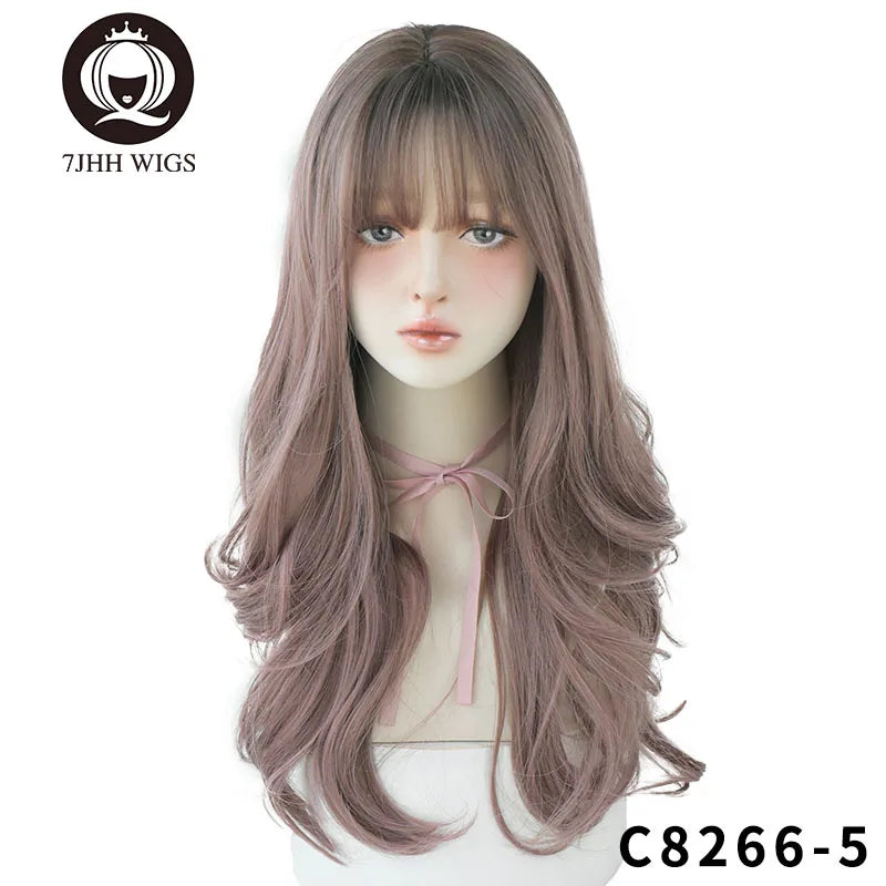 Long Wavy Synthetic Black Wigs For Women With Fringe Fashion Heat Resistant Mid-Length Daily Straight Light Brown Hair