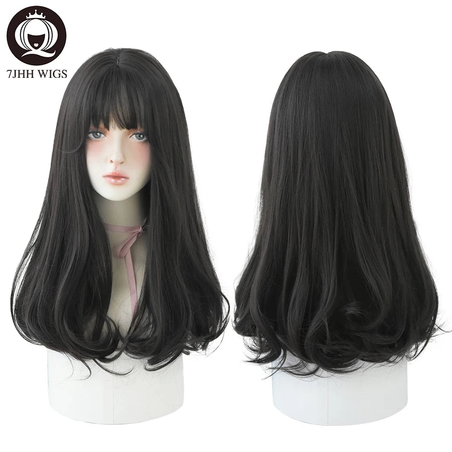 Long Wavy Synthetic Black Wigs For Women With Fringe Fashion Heat Resistant Mid-Length Daily Straight Light Brown Hair