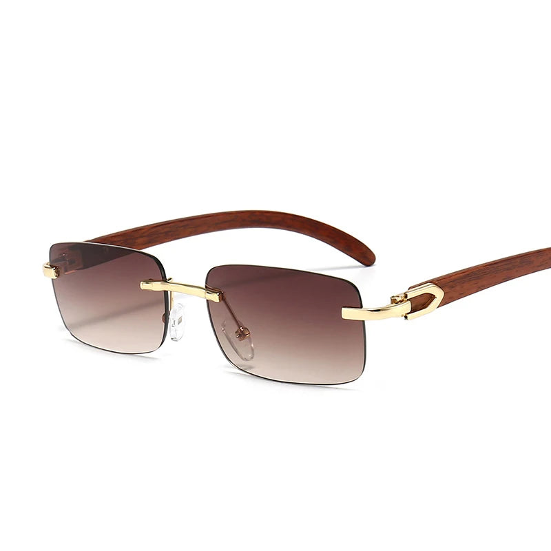 Fashion Rimless Sunglasses Frameless Eye Glasses Wood Grain Rectangle Gradient Shades Sunglasses