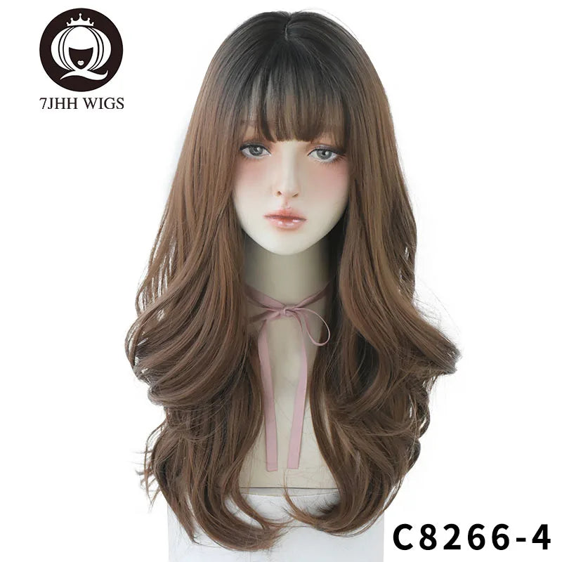 Long Wavy Synthetic Black Wigs For Women With Fringe Fashion Heat Resistant Mid-Length Daily Straight Light Brown Hair