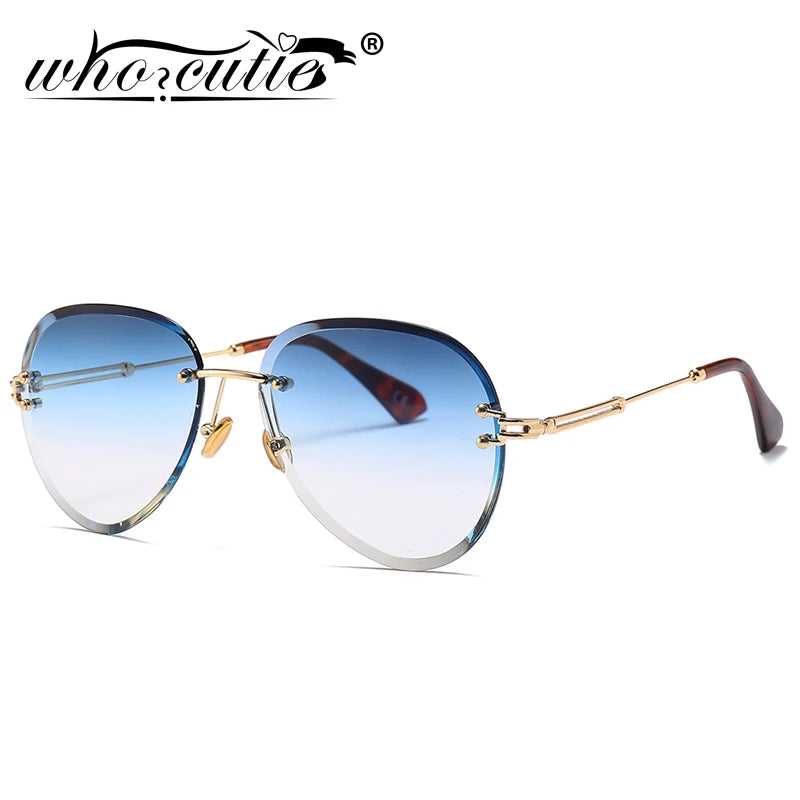 Fashion Blue Rimless Sunglasses Brand Design UV400 Luxury Aviation Sun Glasses Cutting Lens Gradient Shades