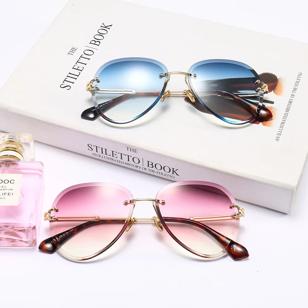 Fashion Blue Rimless Sunglasses Brand Design UV400 Luxury Aviation Sun Glasses Cutting Lens Gradient Shades