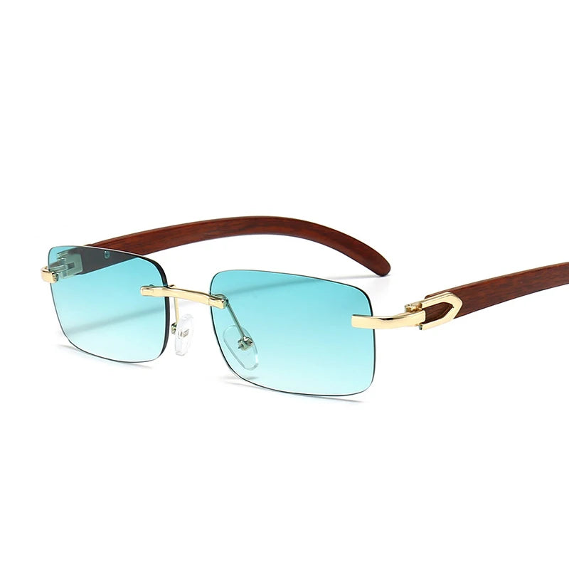 Fashion Rimless Sunglasses Frameless Eye Glasses Wood Grain Rectangle Gradient Shades Sunglasses