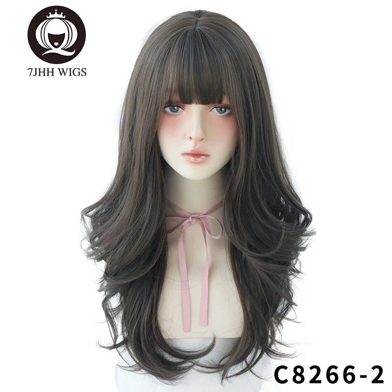 Long Wavy Synthetic Black Wigs For Women With Fringe Fashion Heat Resistant Mid-Length Daily Straight Light Brown Hair