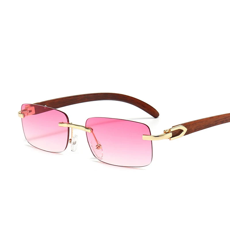 Fashion Rimless Sunglasses Frameless Eye Glasses Wood Grain Rectangle Gradient Shades Sunglasses