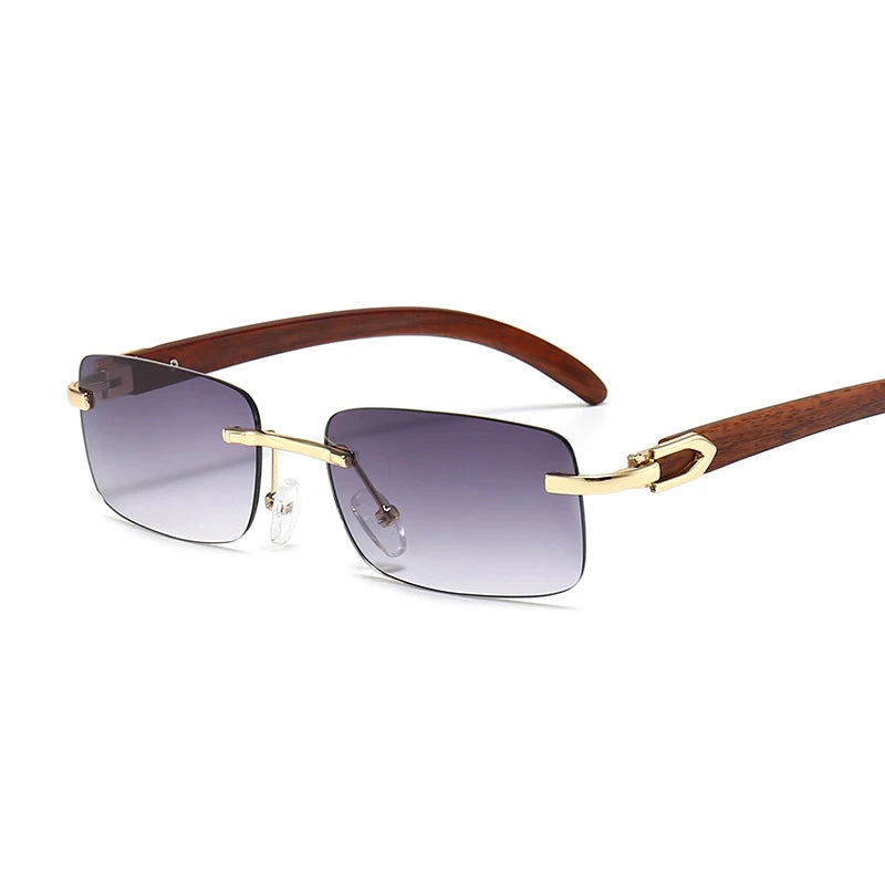 Fashion Rimless Sunglasses Frameless Eye Glasses Wood Grain Rectangle Gradient Shades Sunglasses