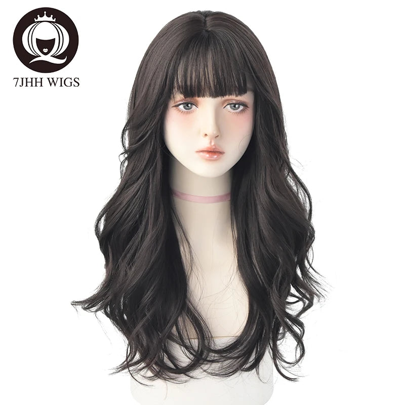 Long Wavy Synthetic Black Wigs For Women With Fringe Fashion Heat Resistant Mid-Length Daily Straight Light Brown Hair