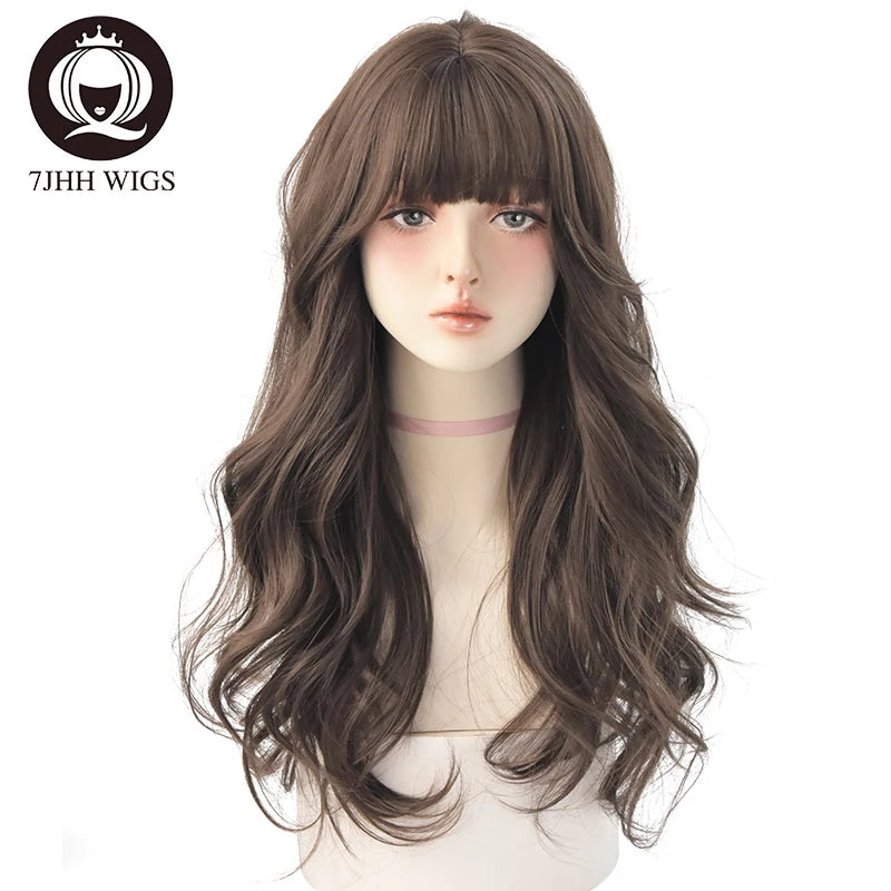 Long Wavy Synthetic Black Wigs For Women With Fringe Fashion Heat Resistant Mid-Length Daily Straight Light Brown Hair