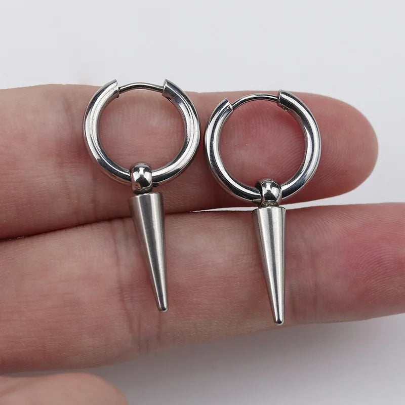 Rock Cone Pendant Hoop Earrings Female Male Stainless Steel Jewelry