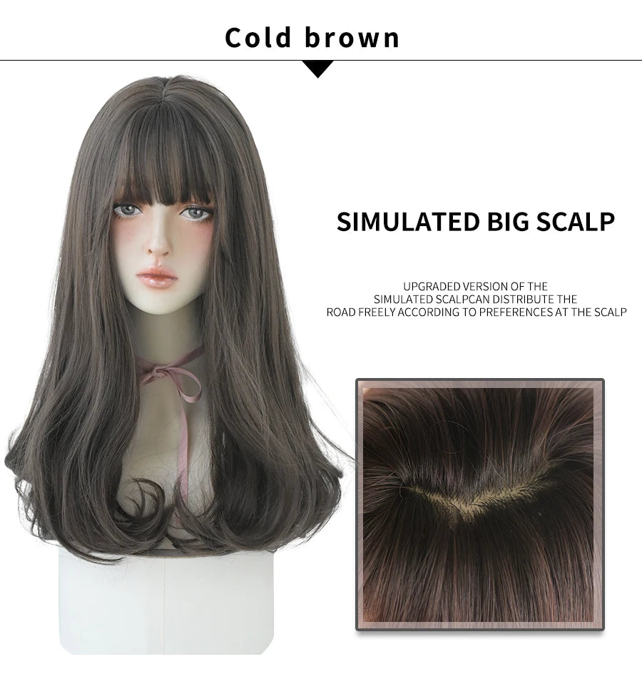 Long Wavy Synthetic Black Wigs For Women With Fringe Fashion Heat Resistant Mid-Length Daily Straight Light Brown Hair