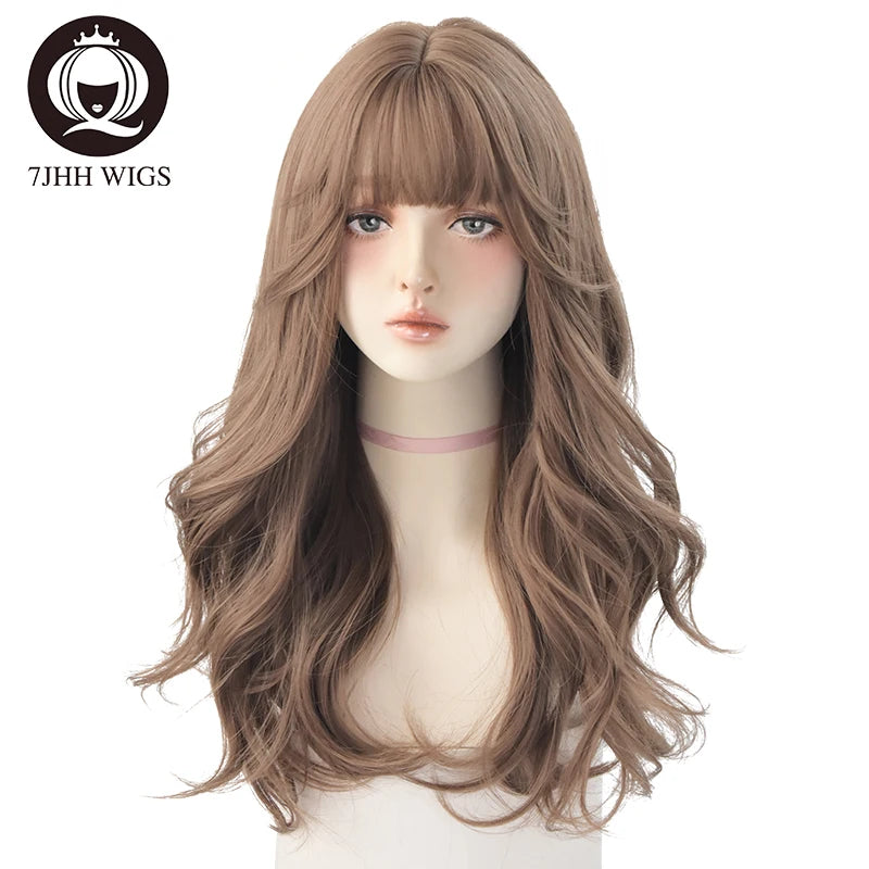 Long Wavy Synthetic Black Wigs For Women With Fringe Fashion Heat Resistant Mid-Length Daily Straight Light Brown Hair