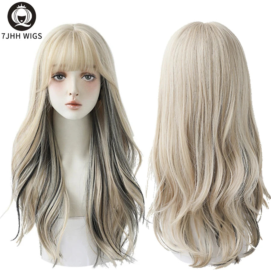 Long Wavy Synthetic Black Wigs For Women With Fringe Fashion Heat Resistant Mid-Length Daily Straight Light Brown Hair