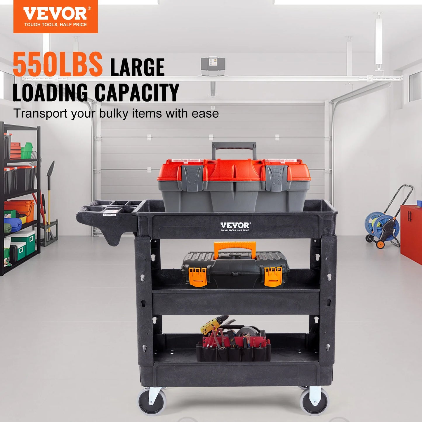 VEVOR 2/3 Shelf Utility Service Cart Heavy Duty with 360° Swivel Wheels Ergonomic Storage Handle for Warehouse/Garage/Cleaning