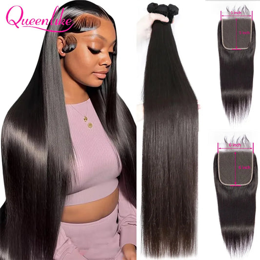 30 - 40inch Straight Human Hair Bundles with 5x5/6x6 Closure Brazilian Raw Bundles 100% Human Hair 13x4 Frontal Closure And Bundles