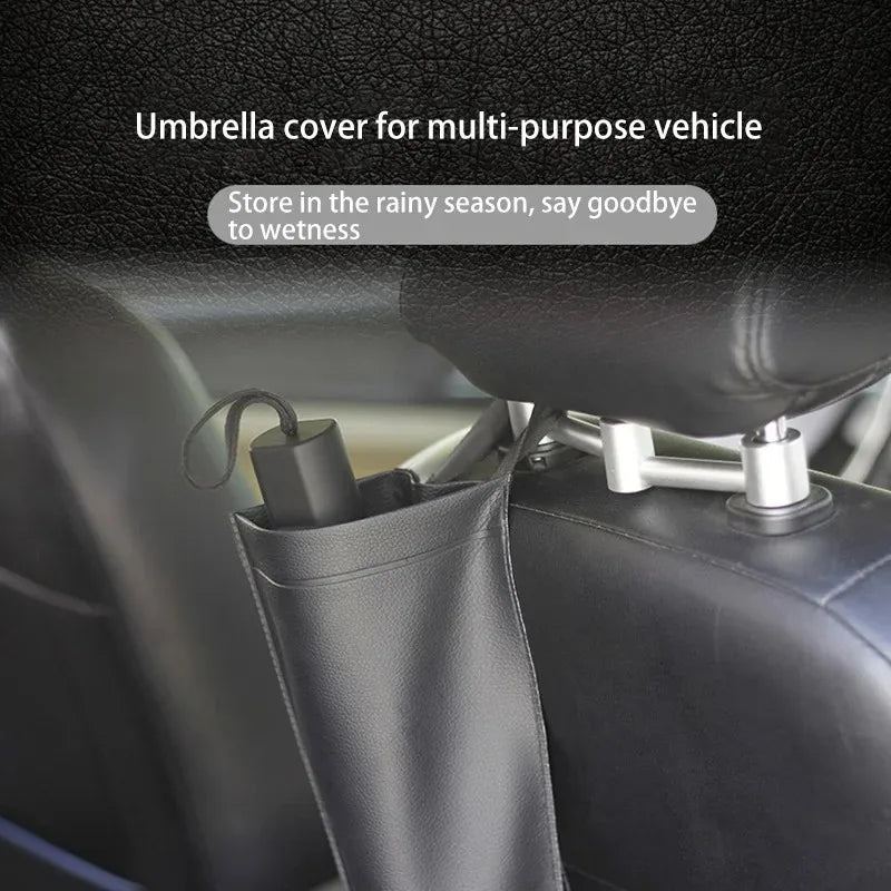 Universal Car Umbrella Storage Bag, Synthetic Leather Waterproof Car Seat Back Organizer, Space-Saving Automotive Accessory.