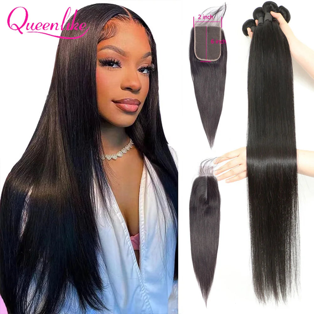 30 36 40 inch Straight Human Hair Bundles With Closure Brazilian Raw Hair Weaving Bundles With 2x6 Deep Part Closure and Bundles