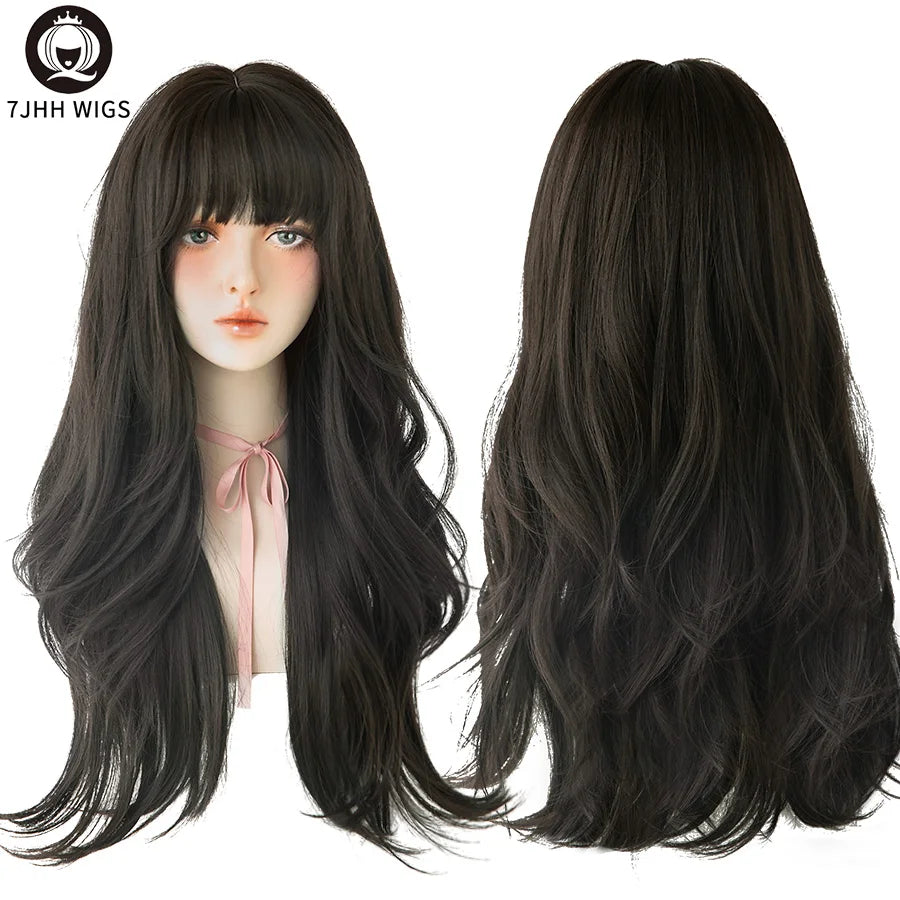 Long Wavy Synthetic Black Wigs For Women With Fringe Fashion Heat Resistant Mid-Length Daily Straight Light Brown Hair