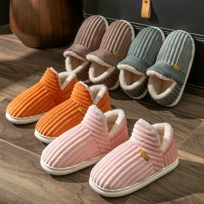 Winter Style Solid Color Wrap Heels Plush Slippers Non-slip Warm Flip Flops Women Men Home Casual Cotton Shoes