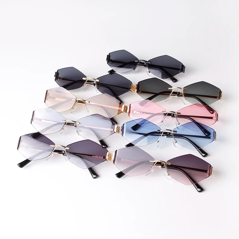 Trend Hexagon Rimless Sunglasses Women Men Brand Designer Gradient blue lens Polygon Metal Frame Driving Sun Glasses Shades