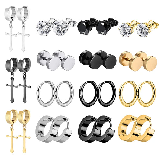 1 Pairs Multiple Stainless Steel Stud Earrings Men Women Gothic Cross Round Street Pop Hip Hop Ear Stud Piercing Jewelry