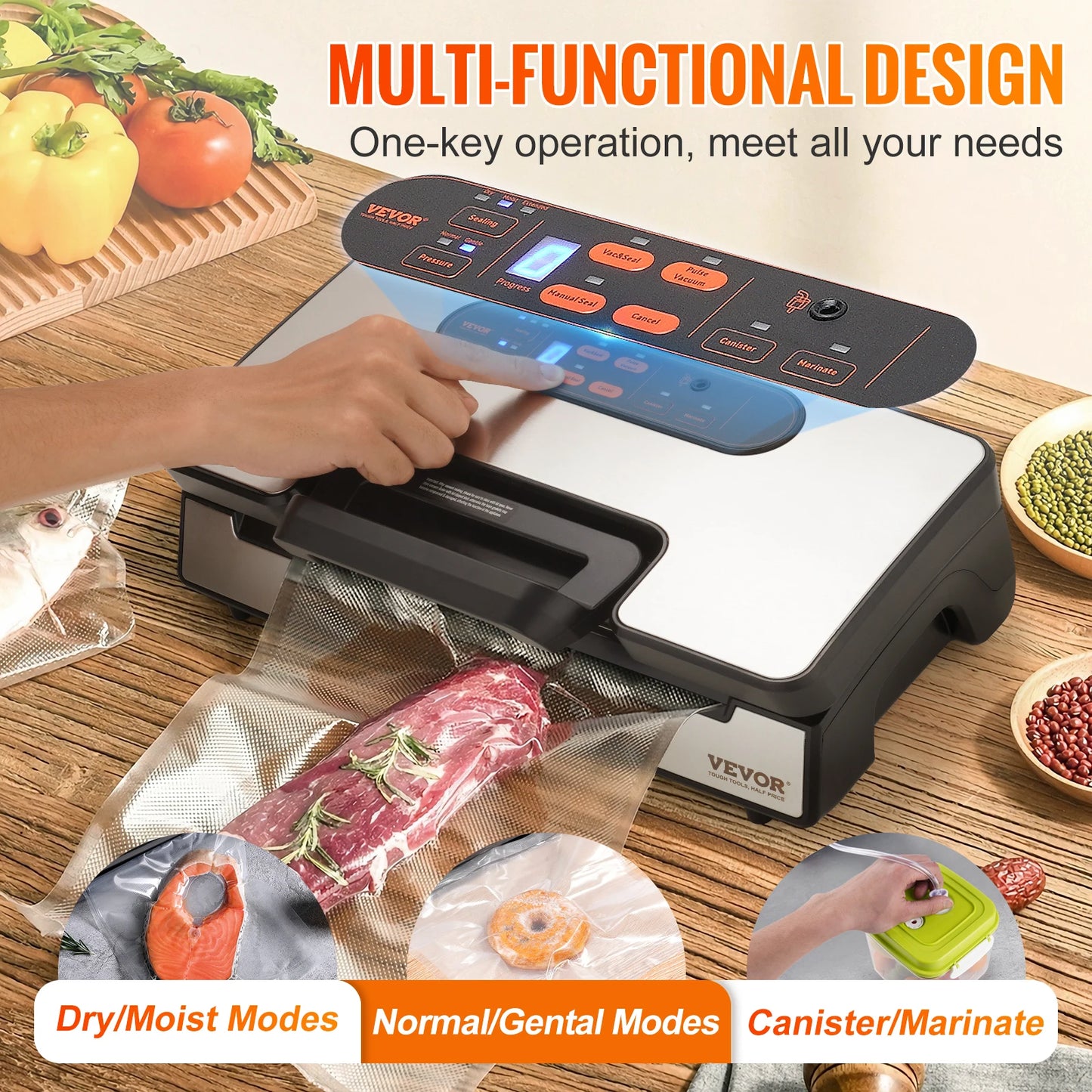 VEVOR 90Kpa 130W Vacuum Sealer Food Packaging Machine with Free 10pcs Vacuum bags for Household Kitchen Vacuum Food Sealing