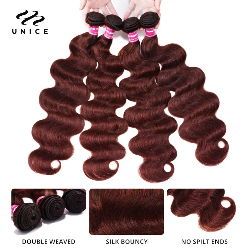 Reddish Brown Body Wave Human Hair Bundles With Closure 100% Human Hair 3/4 Bundles with 4x4 Lace Closure 250% Lace Wig