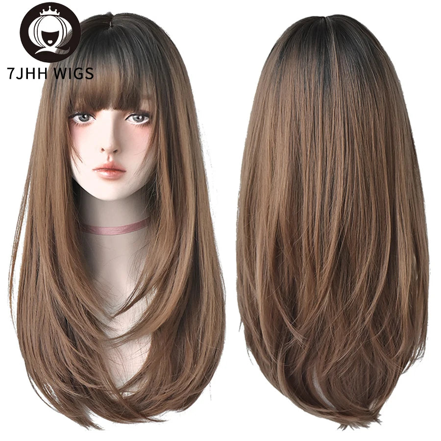 Long Wavy Synthetic Black Wigs For Women With Fringe Fashion Heat Resistant Mid-Length Daily Straight Light Brown Hair