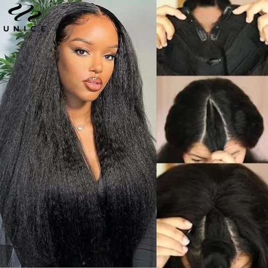 Hair Kinky Straight V Part Wig U Part Wig 100% Human Hair No Glue Minimal Leave Out Easy Contour V Part Wig With Drawstring