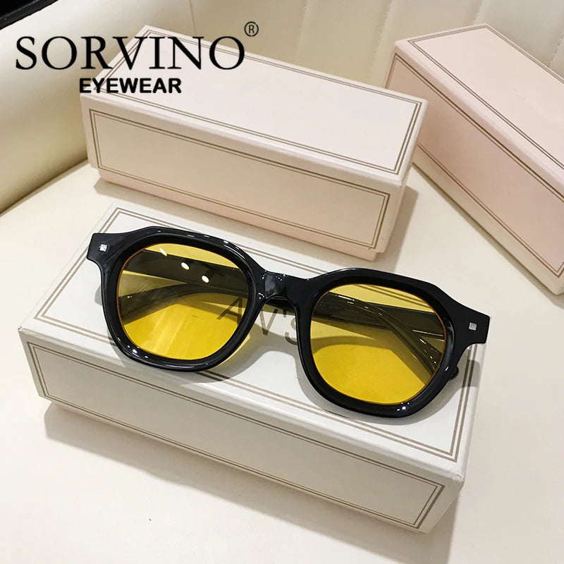 Fashion Green Frame Yellow Lens Square Sunglasses Brand Design Vintage Rivets Rectangle Sun Glasses Shades