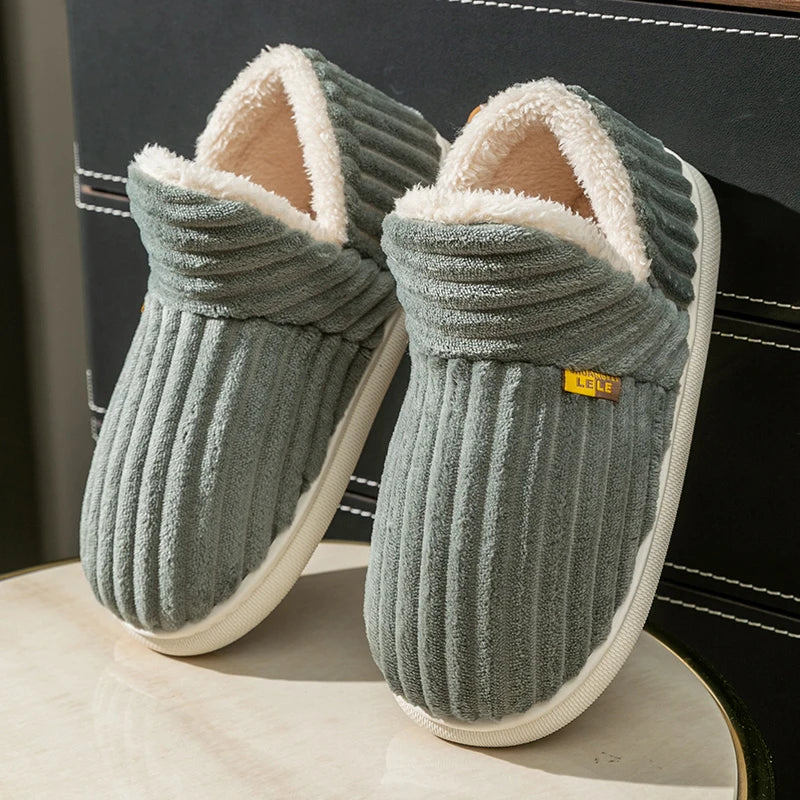 Winter Style Solid Color Wrap Heels Plush Slippers Non-slip Warm Flip Flops Women Men Home Casual Cotton Shoes