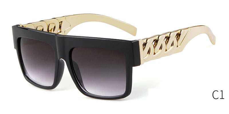 Oversized Sunglasses Men Women Brand Design Flat Top Retro Square Black Sun Glasses Gold Plastic Chain Frame