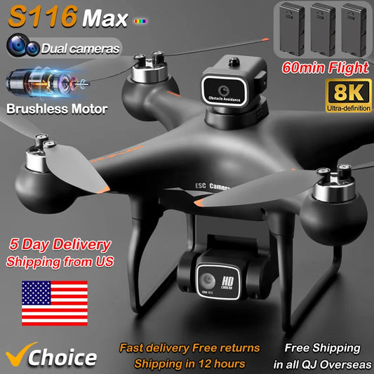 S116 MAX Drone Professional with 3 Batteries 8K Dual Camera Optical Flow Brushless 360° Obstacle Avoidance WIFI FPV RC Dron Toys