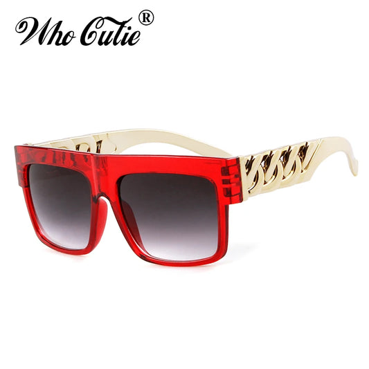 Oversized Sunglasses Men Women Brand Design Flat Top Retro Square Black Sun Glasses Gold Plastic Chain Frame