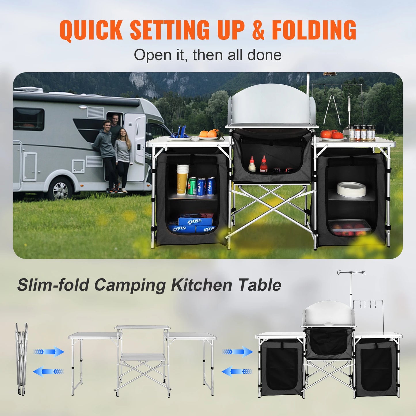 VEVOR Camping Kitchen Table Folding Outdoor Cooking Table with Storage Carrying Bag Aluminum Cook Station for Picnics BBQ RV