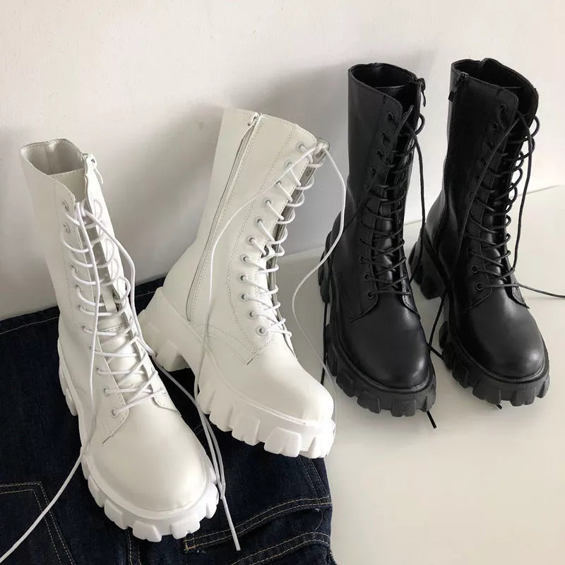 New Mid Calf Boots Women Autumn Winter Fashion Lace-up Ladies Zipper Boots Sports Platform Heel Ladies Shoes