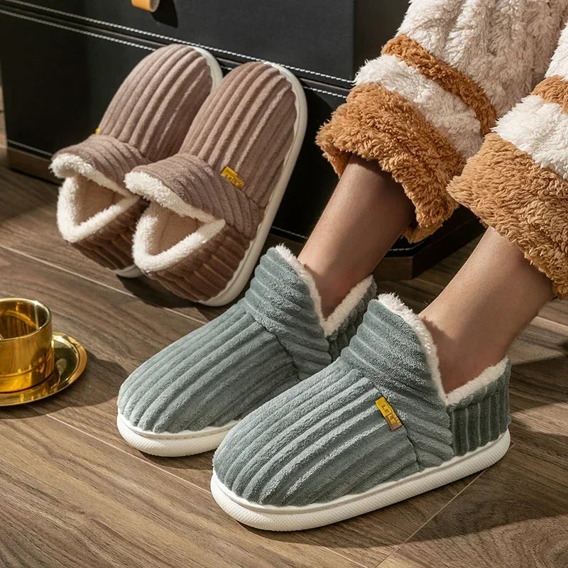 Winter Style Solid Color Wrap Heels Plush Slippers Non-slip Warm Flip Flops Women Men Home Casual Cotton Shoes