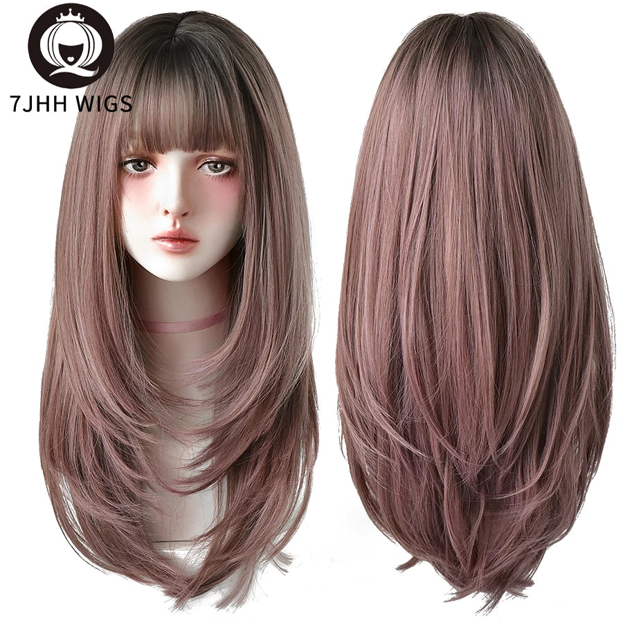 Long Wavy Synthetic Black Wigs For Women With Fringe Fashion Heat Resistant Mid-Length Daily Straight Light Brown Hair