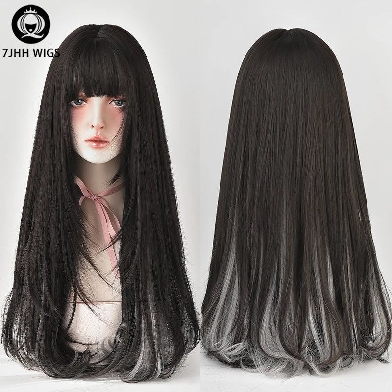 Long Wavy Synthetic Black Wigs For Women With Fringe Fashion Heat Resistant Mid-Length Daily Straight Light Brown Hair