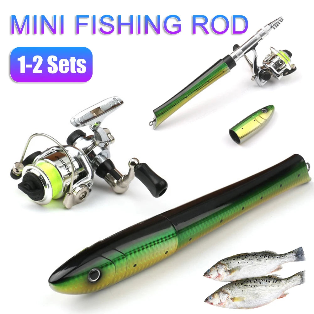 Portable Fish Shaped Fishing Rod with Reel Telescopic Mini Pocket Pen Fishing Pole with Reel Travel Fishing Rod